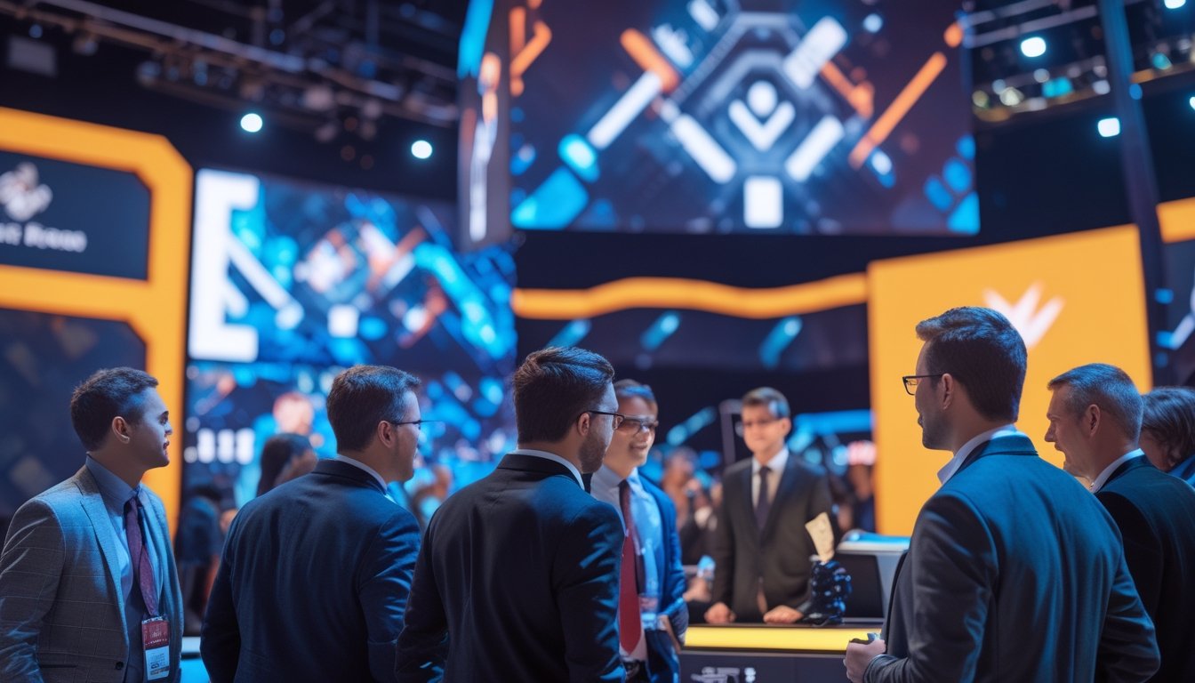 Sekelompok profesional bisnis berdiskusi di acara esports modern dengan layar besar dan pencahayaan warna-warni, menampilkan suasana pertumbuhan industri esports.