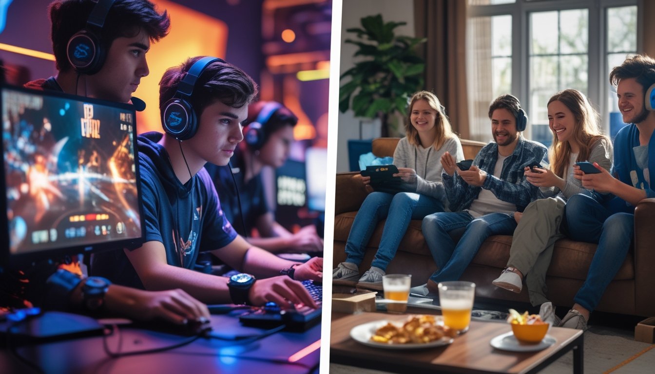 Dua kelompok orang bermain gim, satu serius di depan komputer dengan peralatan esports, satu lagi santai di ruang tamu bermain gim bersama teman.