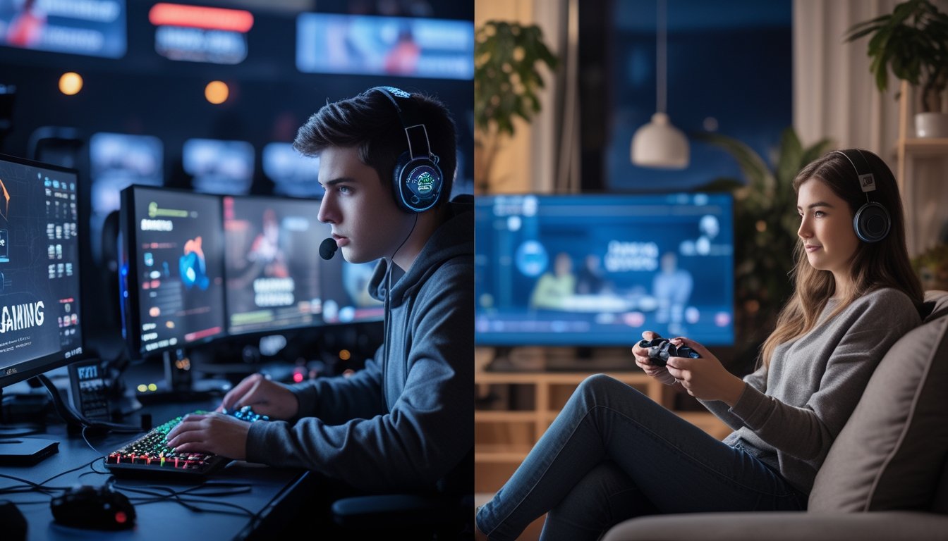 Dua orang bermain gim, satu dengan serius di depan komputer untuk esports, satu santai di sofa bermain gim kasual.