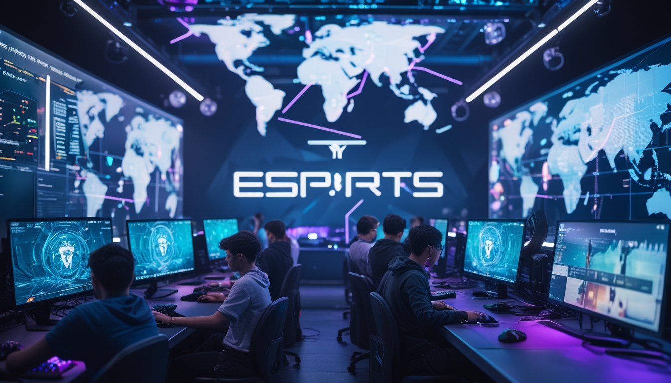 Sekelompok orang muda bermain esports dengan layar besar dan perangkat gaming canggih dalam ruangan berteknologi tinggi.