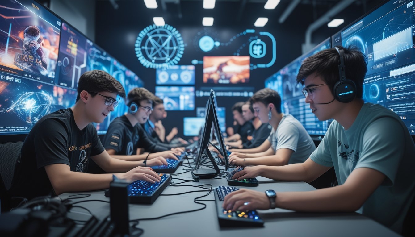 Sekelompok orang muda bermain esports di ruangan modern dengan layar besar dan elemen teknologi digital di sekitar mereka.