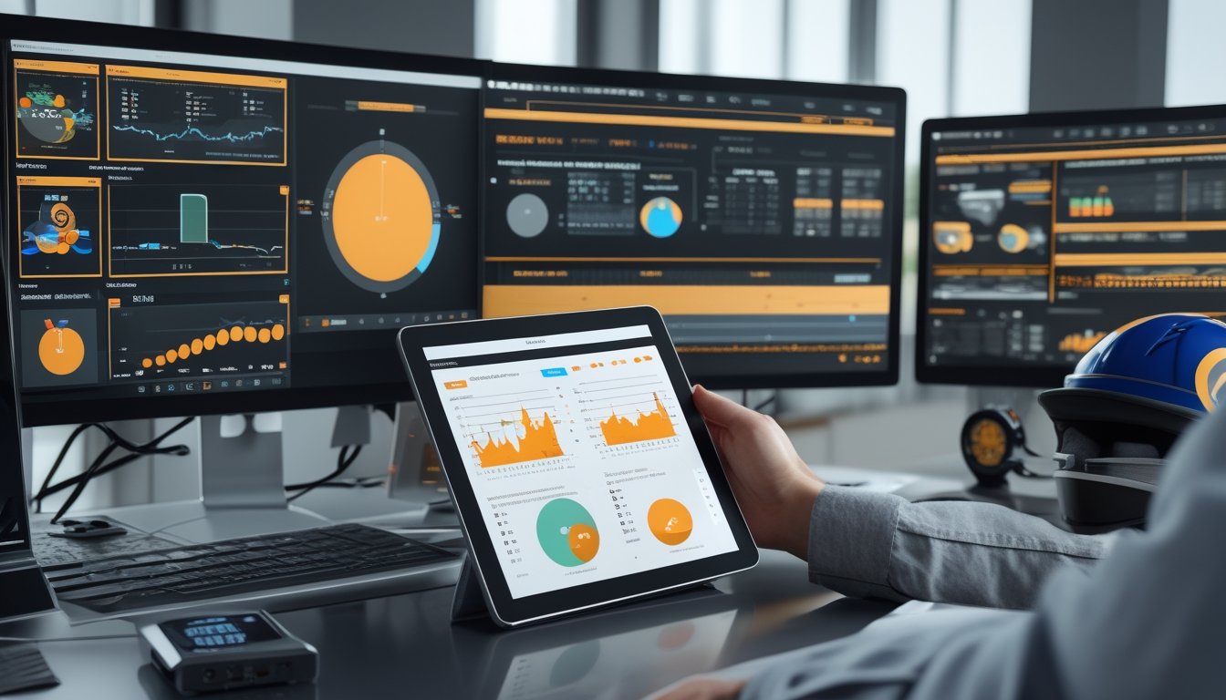 Seorang analis sedang bekerja di meja dengan beberapa layar komputer yang menampilkan grafik dan data statistik balap kuda, di sekitar meja terdapat perangkat teknologi dan perlengkapan balap kuda.