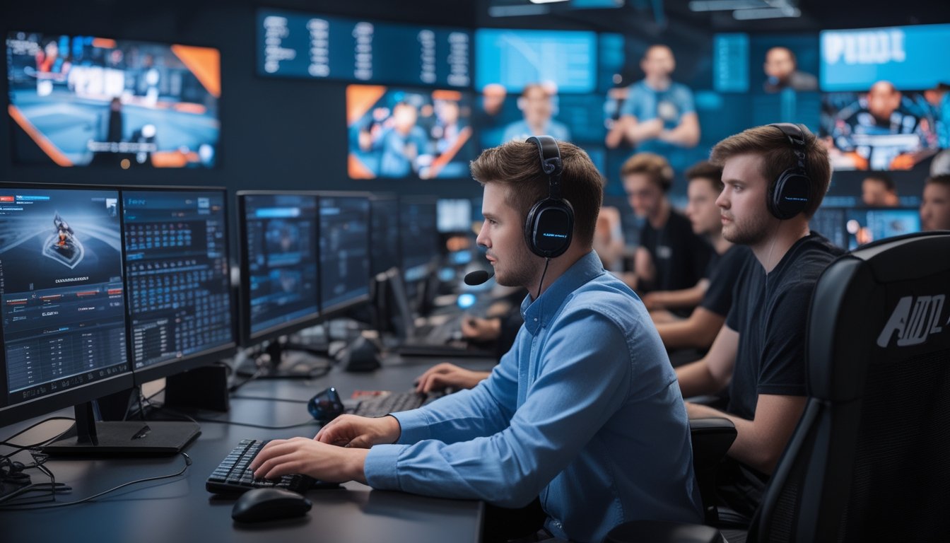 Beberapa orang muda bekerja di kantor esports dengan berbagai peran seperti analis data, komentator, manajer tim, dan desainer grafis, di depan layar besar yang menampilkan permainan dan turnamen esports.