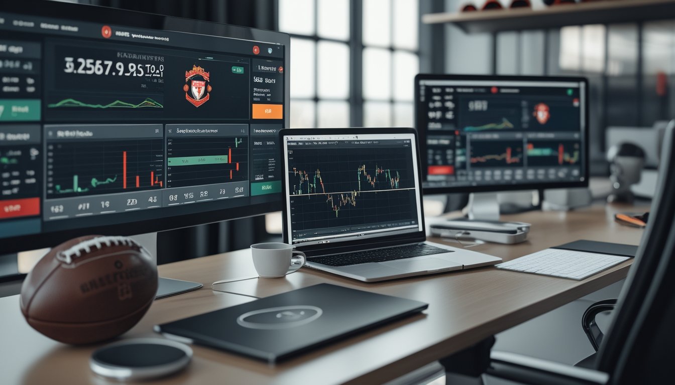 Seorang analis olahraga di meja kerja dengan beberapa monitor yang menampilkan statistik dan data pertandingan sepak bola Liga Inggris.