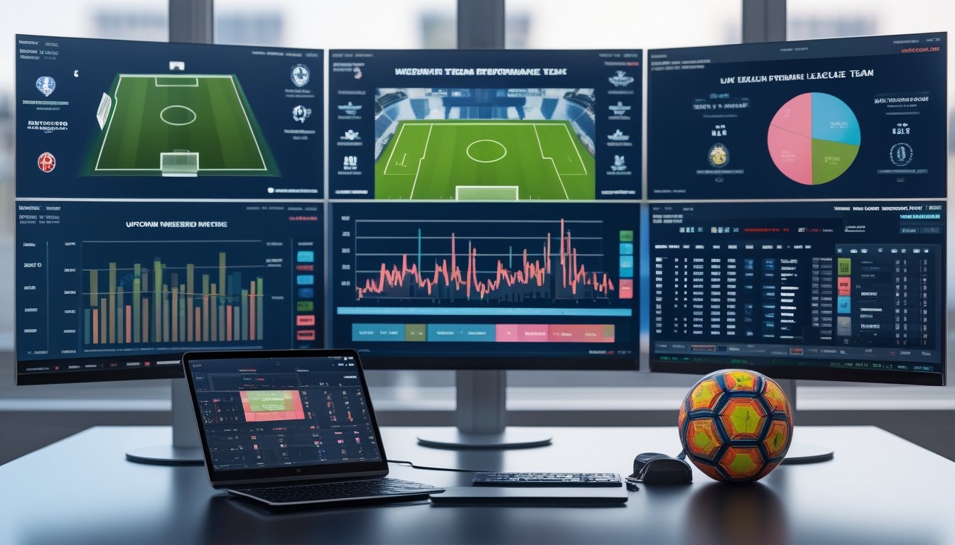 Ruang kerja analis olahraga dengan layar besar menampilkan statistik pertandingan sepak bola Liga Inggris dan grafik performa tim.