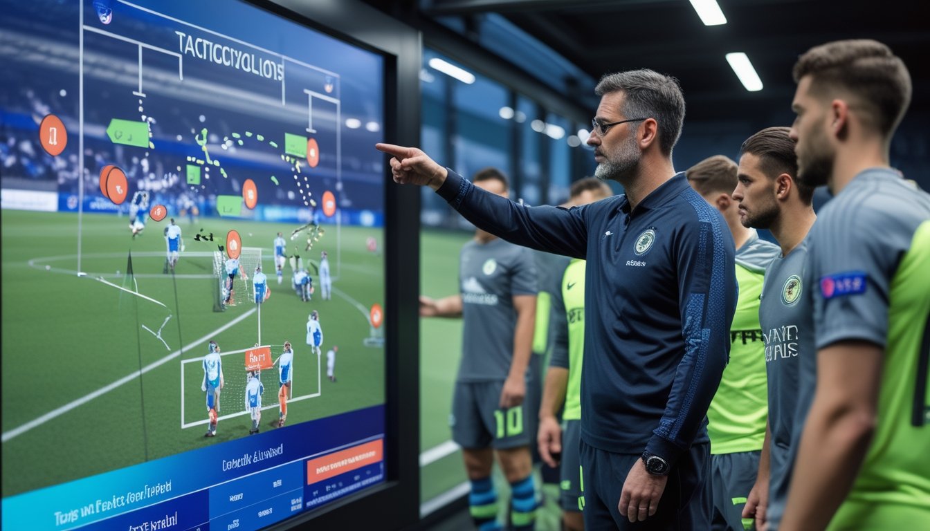 Seorang pelatih sepak bola dengan beberapa pemain sedang berdiskusi di depan papan taktik digital di ruang ganti modern.