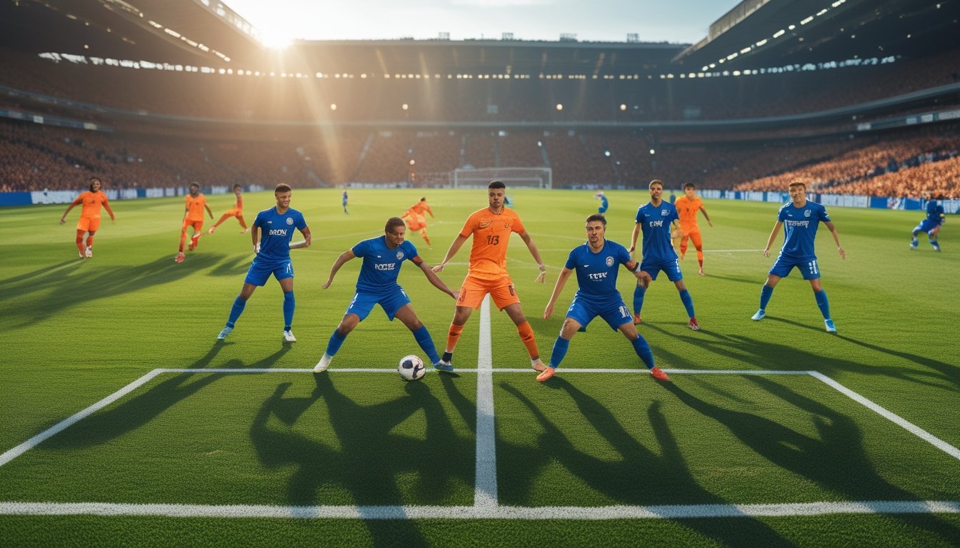 Sekelompok pemain sepak bola sedang bermain di lapangan dengan formasi yang teratur dalam pertandingan yang ramai.