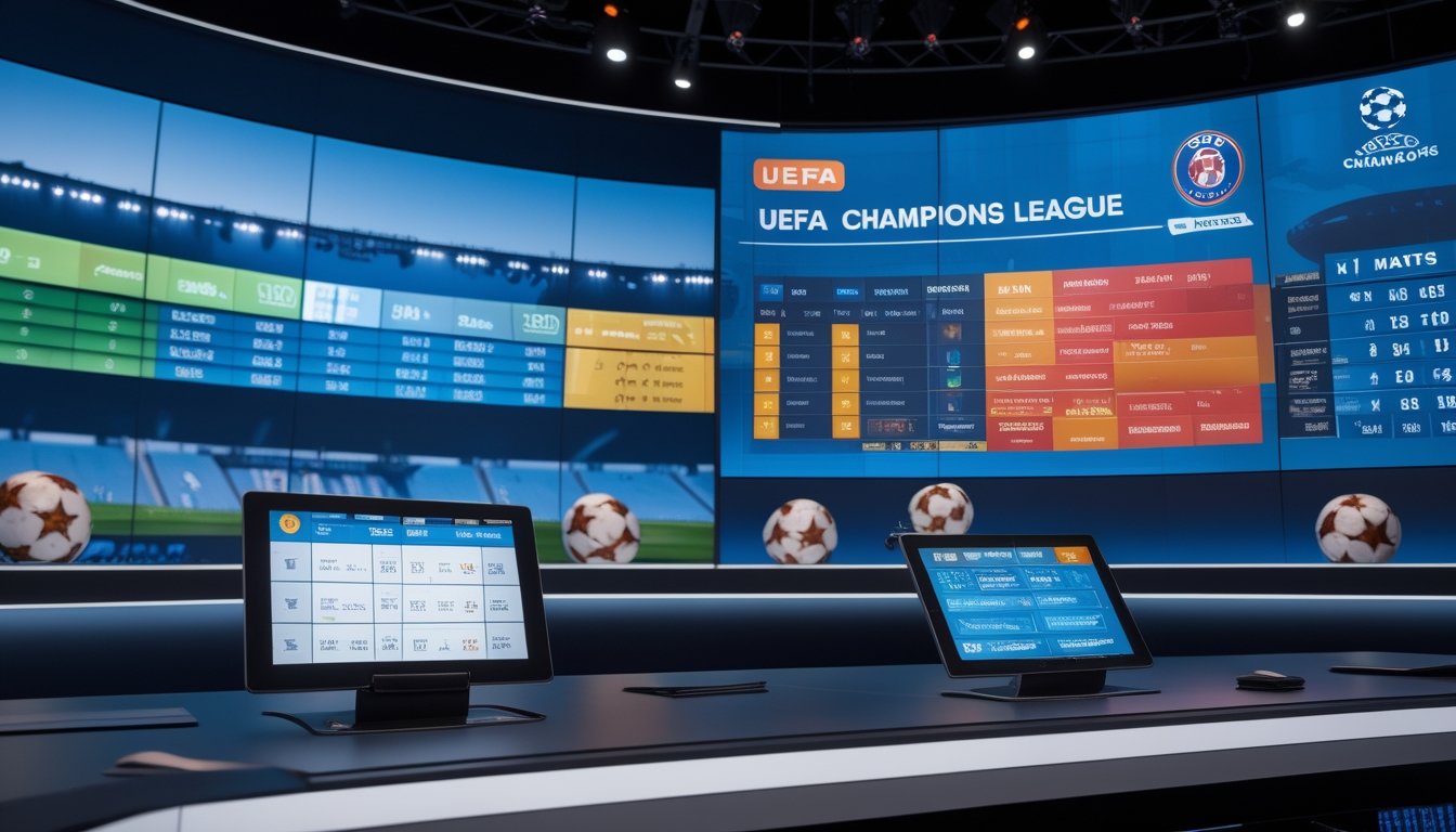 Studio berita olahraga dengan layar besar menampilkan jadwal pertandingan dan statistik Liga Champions.