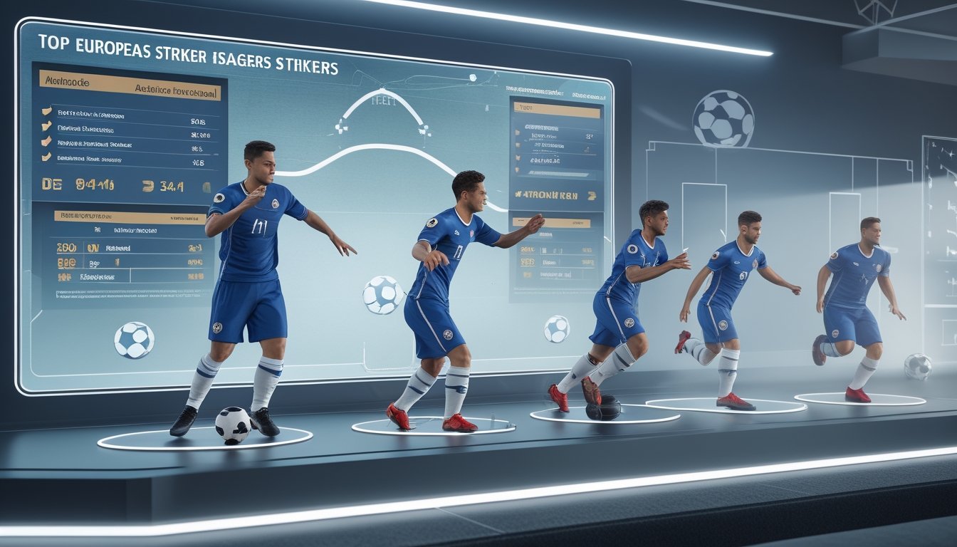 Suasana studio dengan layar digital menampilkan data performa pemain sepak bola top Eropa dalam lima pertandingan terakhir, dengan beberapa pemain dalam pose aksi di sekitar layar.