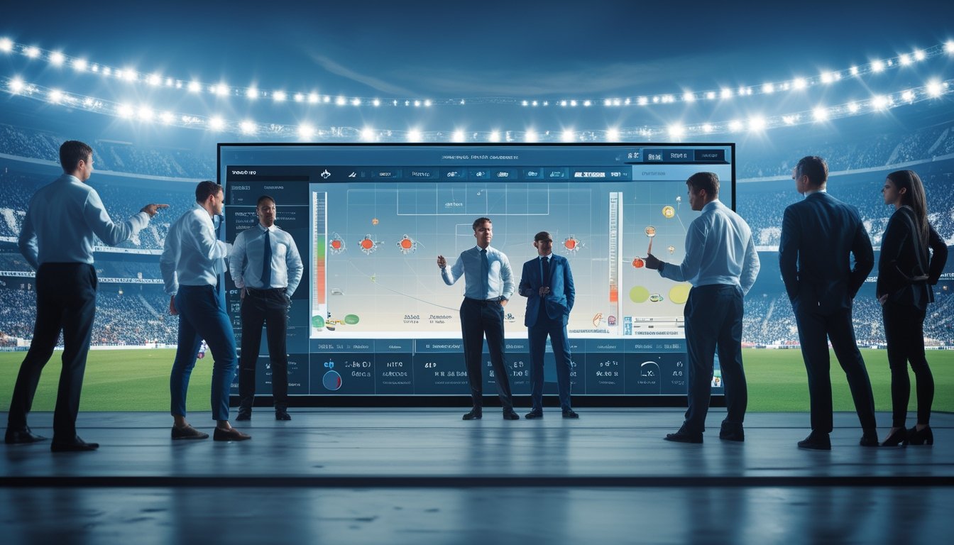 Sejumlah analis dan pelatih sedang berdiskusi di depan layar besar yang menampilkan data dan grafik pertandingan sepak bola, dengan latar belakang stadion sepak bola yang ramai.