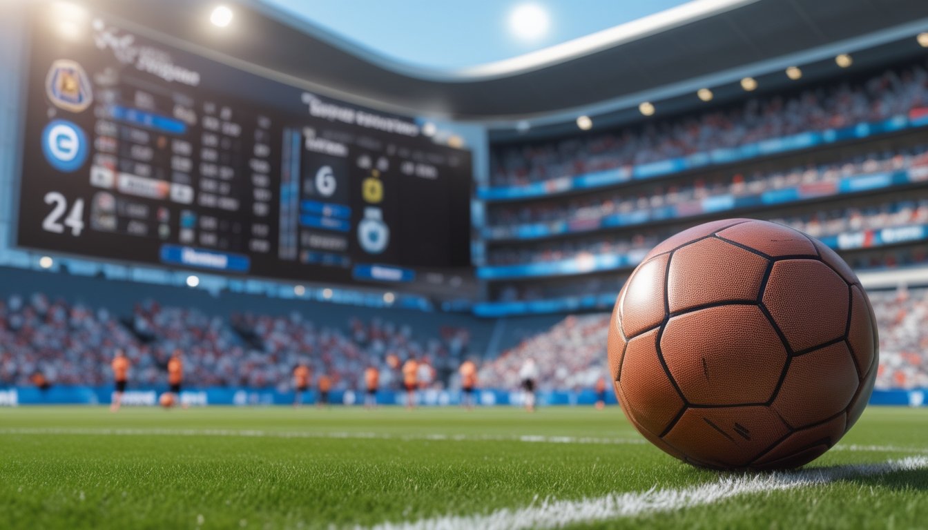 Papan skor digital modern yang menampilkan klasemen liga sepak bola Eropa dengan latar stadion penuh penonton dan bola sepak di rumput.