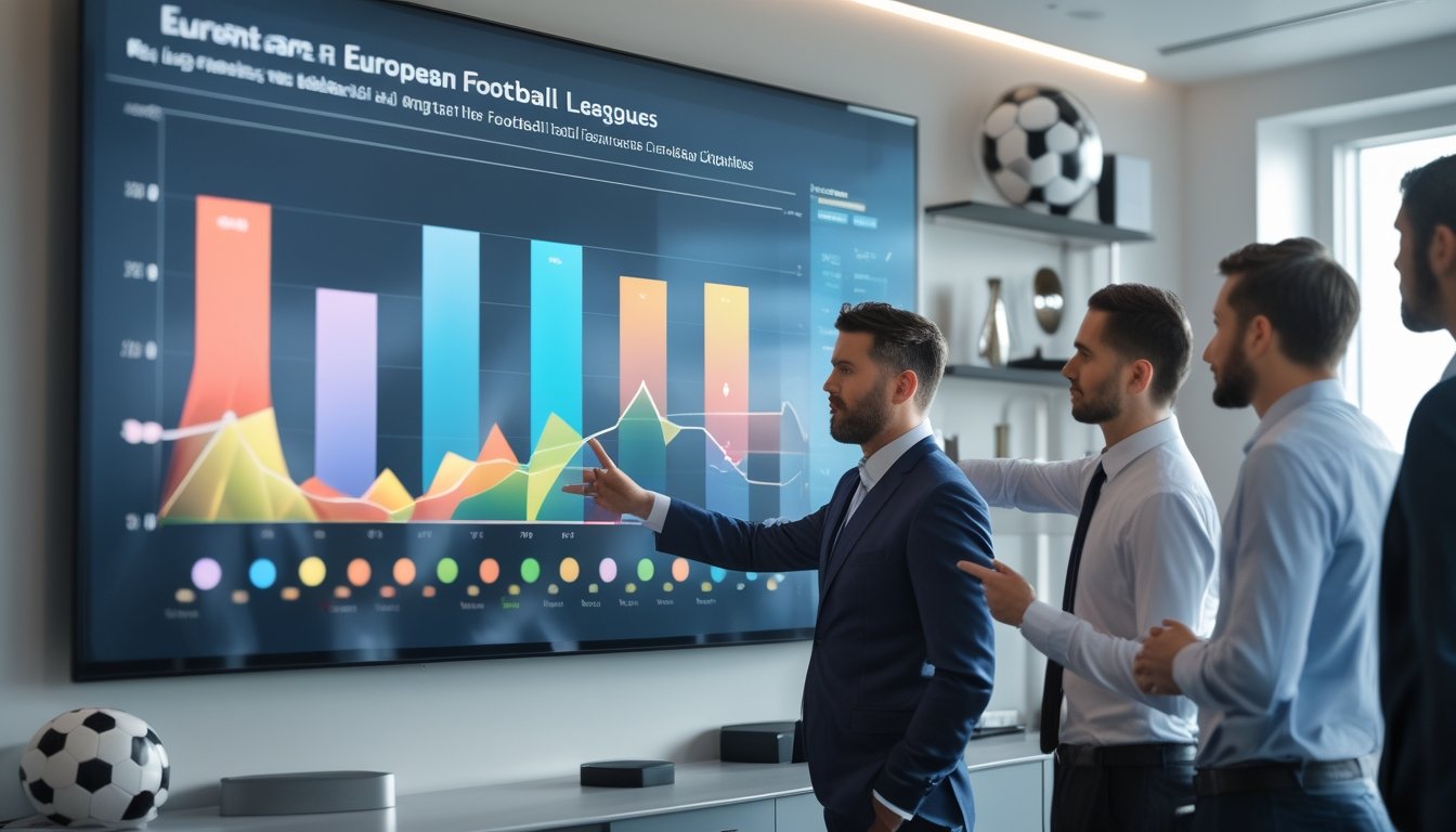Beberapa profesional sedang berdiskusi di depan layar besar yang menampilkan grafik dan data performa tim sepak bola Eropa.