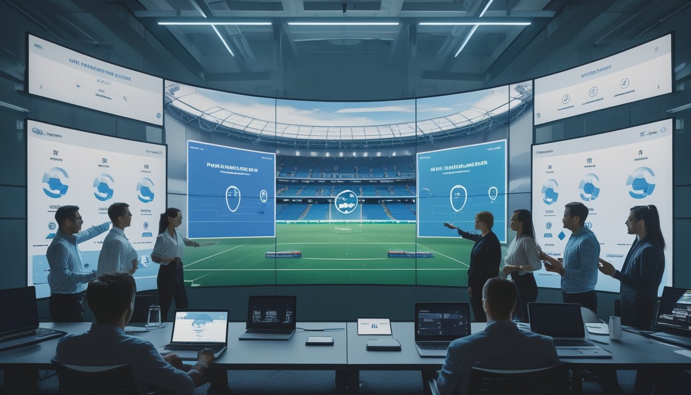Sejumlah analis dan pelatih sedang membahas data dan formasi tim nasional sepak bola sebelum pertandingan internasional di sebuah ruangan modern dengan layar digital besar.