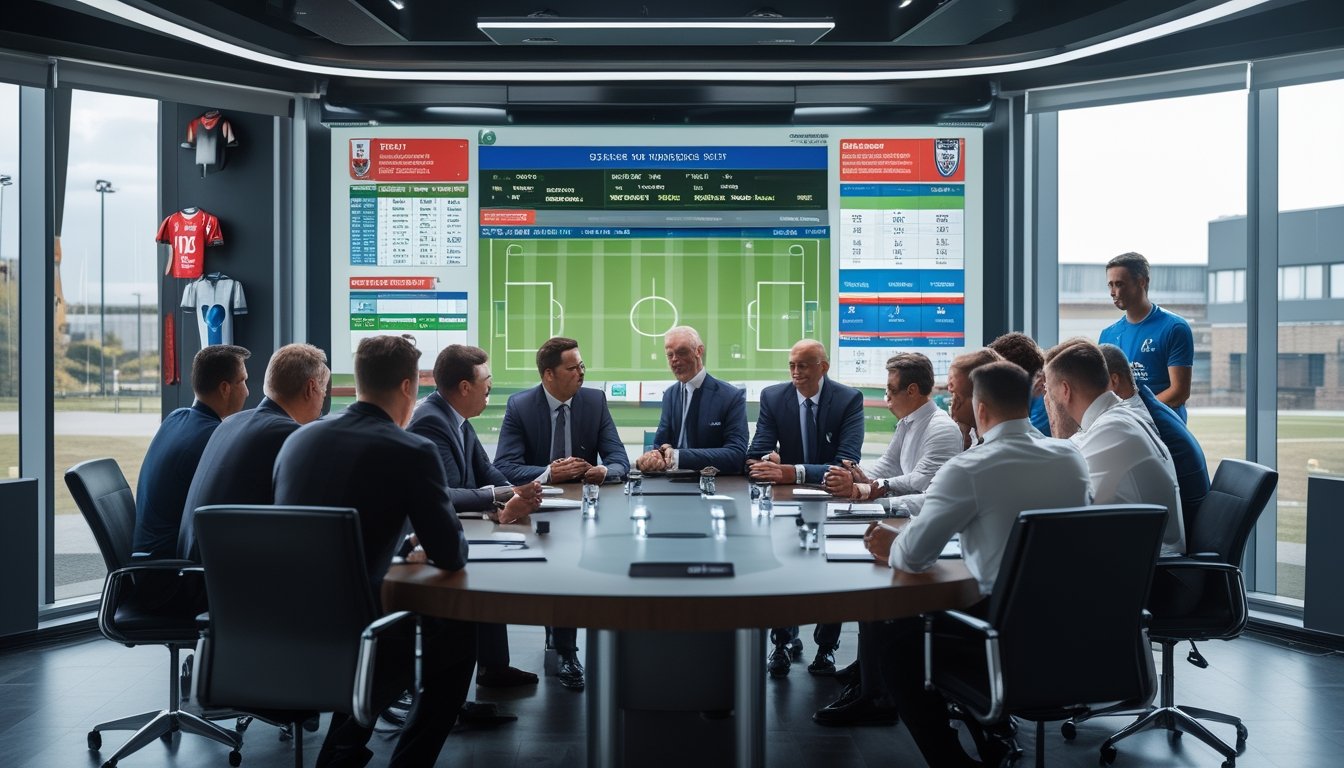 Sekelompok eksekutif klub sepak bola sedang berdiskusi di ruang konferensi dengan layar digital menampilkan statistik dan data pemain setelah bursa transfer musim panas.