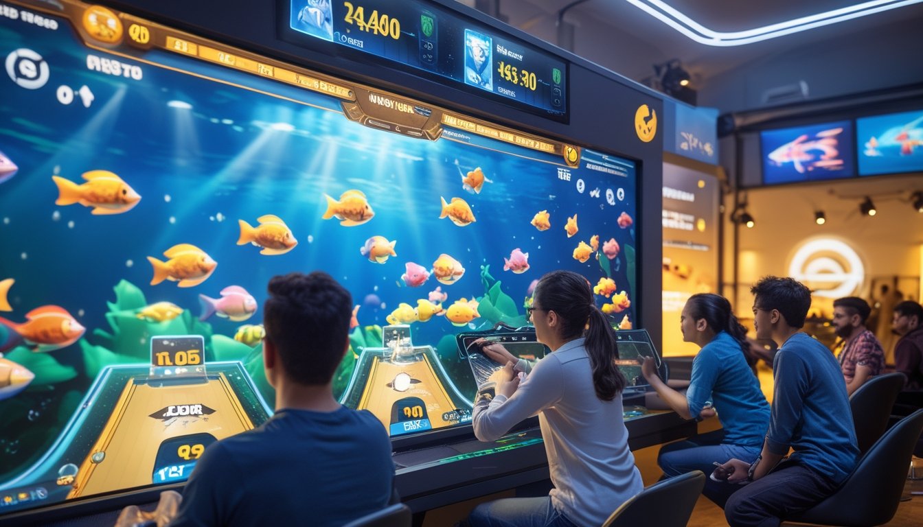 Beberapa orang bermain game tembak ikan multiplayer di layar sentuh besar dengan latar bawah laut dan ikan berwarna-warni.