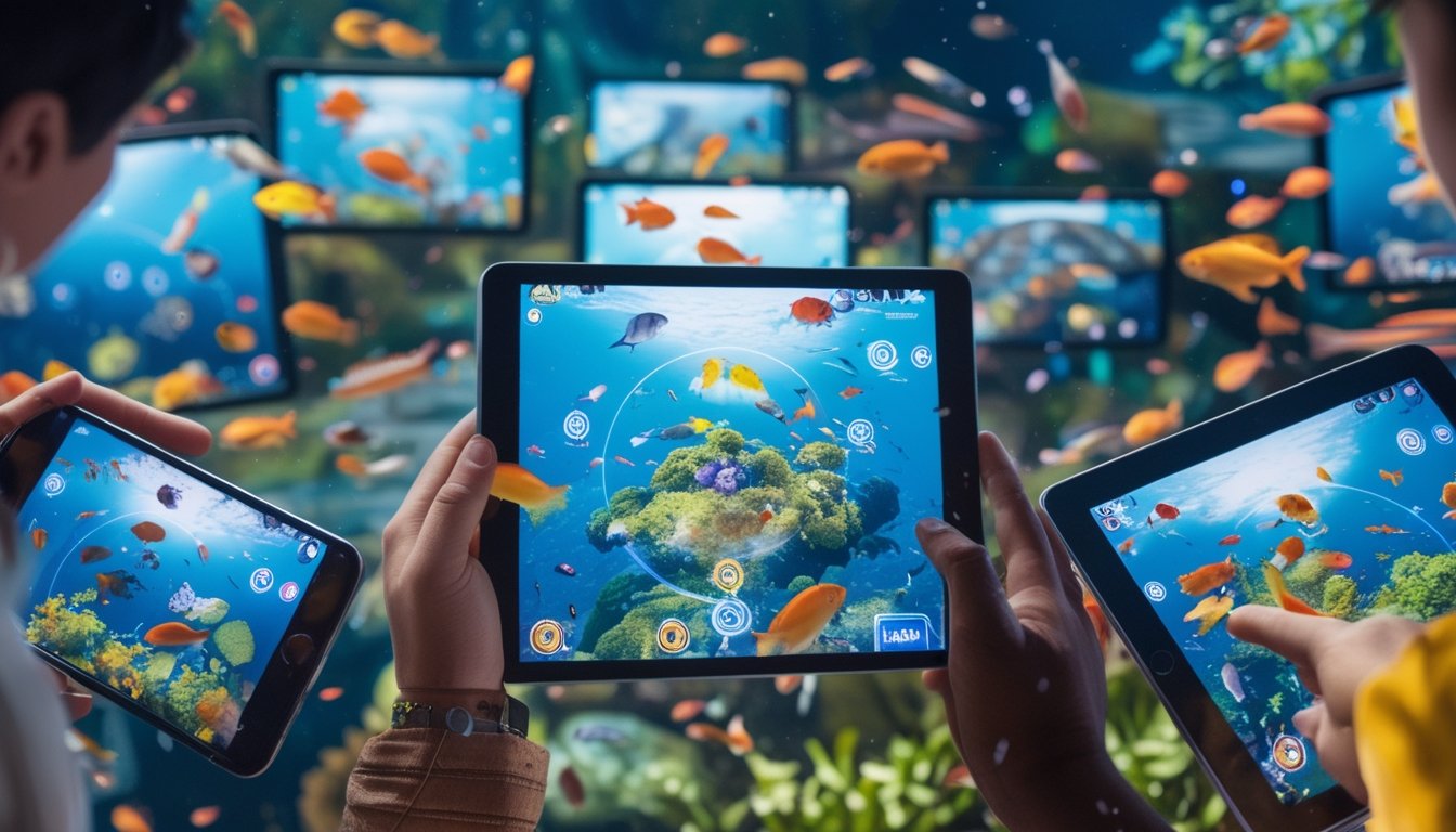 Beberapa orang bermain game tembak ikan multiplayer menggunakan perangkat digital di lingkungan bawah laut penuh ikan berwarna-warni.