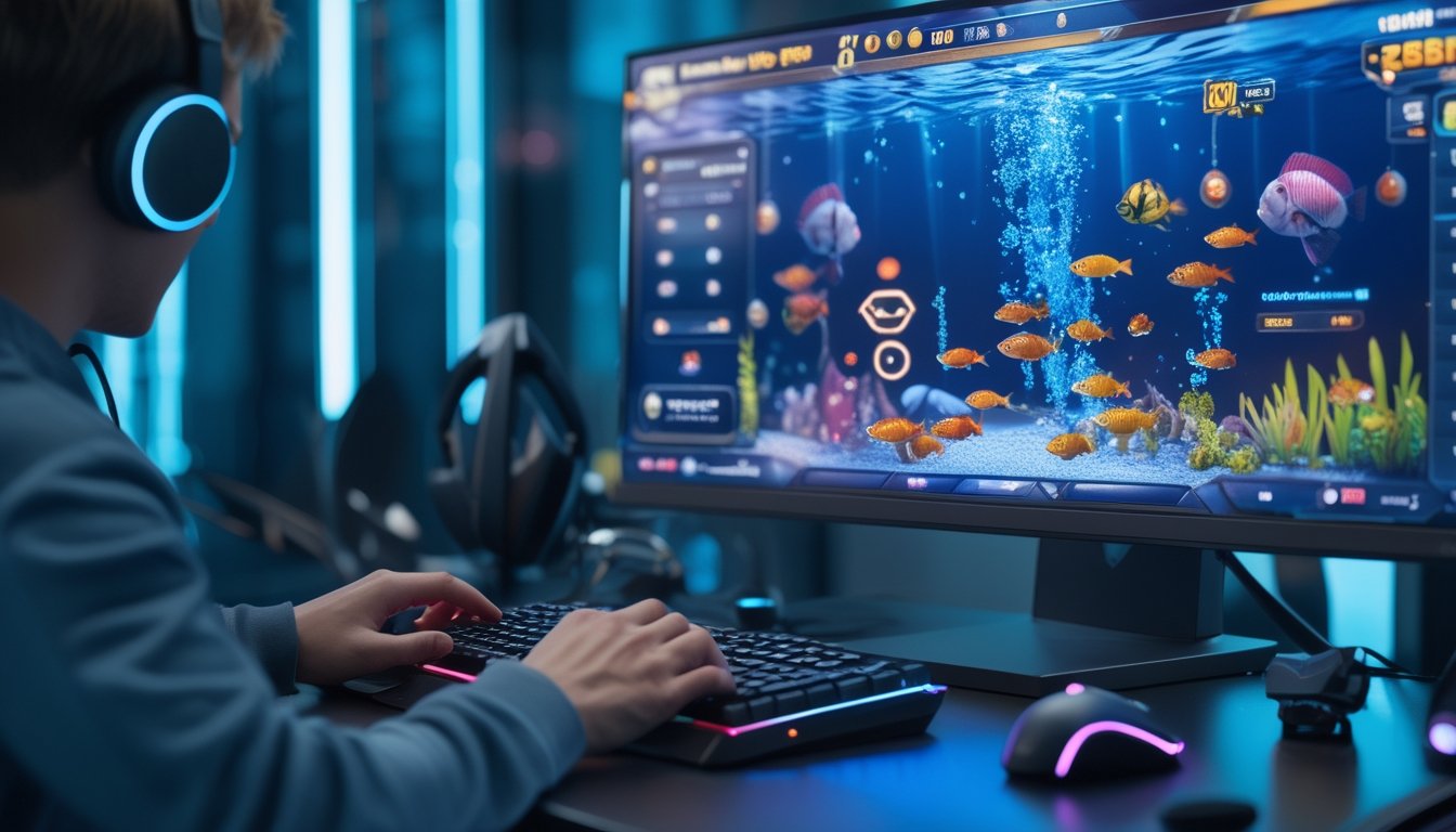 Seorang pemain sedang bermain game menembak ikan online dengan layar komputer yang menampilkan berbagai ikan berwarna-warni dan indikator skor permainan.
