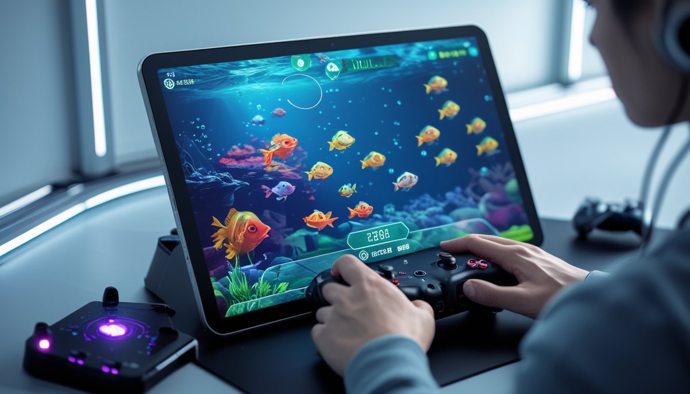 Seorang pemain sedang bermain game tembak ikan online dengan layar yang menampilkan ikan berwarna-warni dan skor permainan.