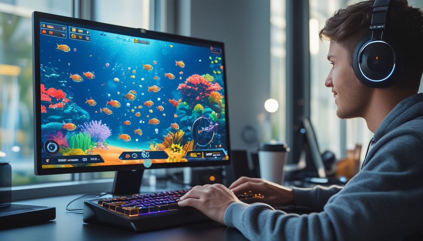 Seorang pemain sedang fokus bermain game tembak ikan di komputer dengan layar penuh gambar ikan berwarna-warni di bawah laut.