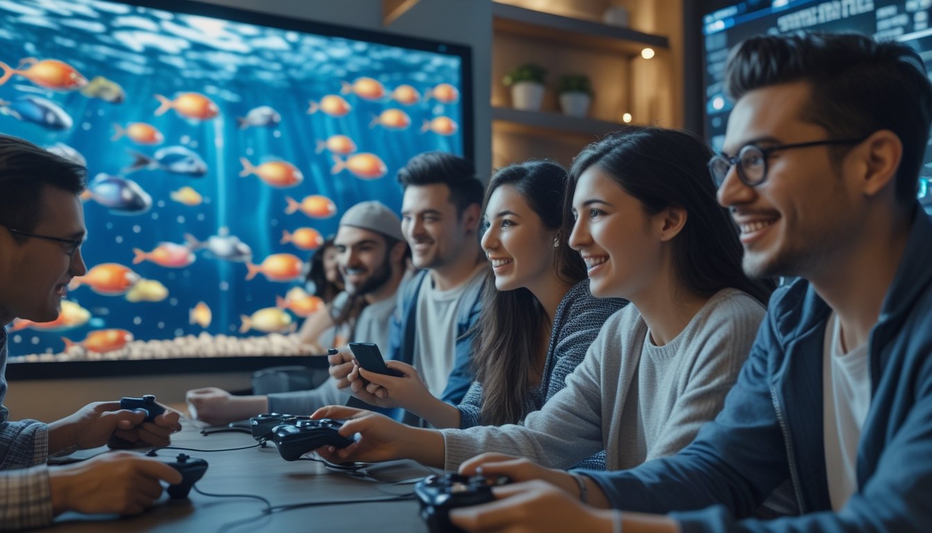 Sekelompok orang muda bermain game menembak ikan di layar besar dengan suasana ruangan yang nyaman dan pencahayaan terang.