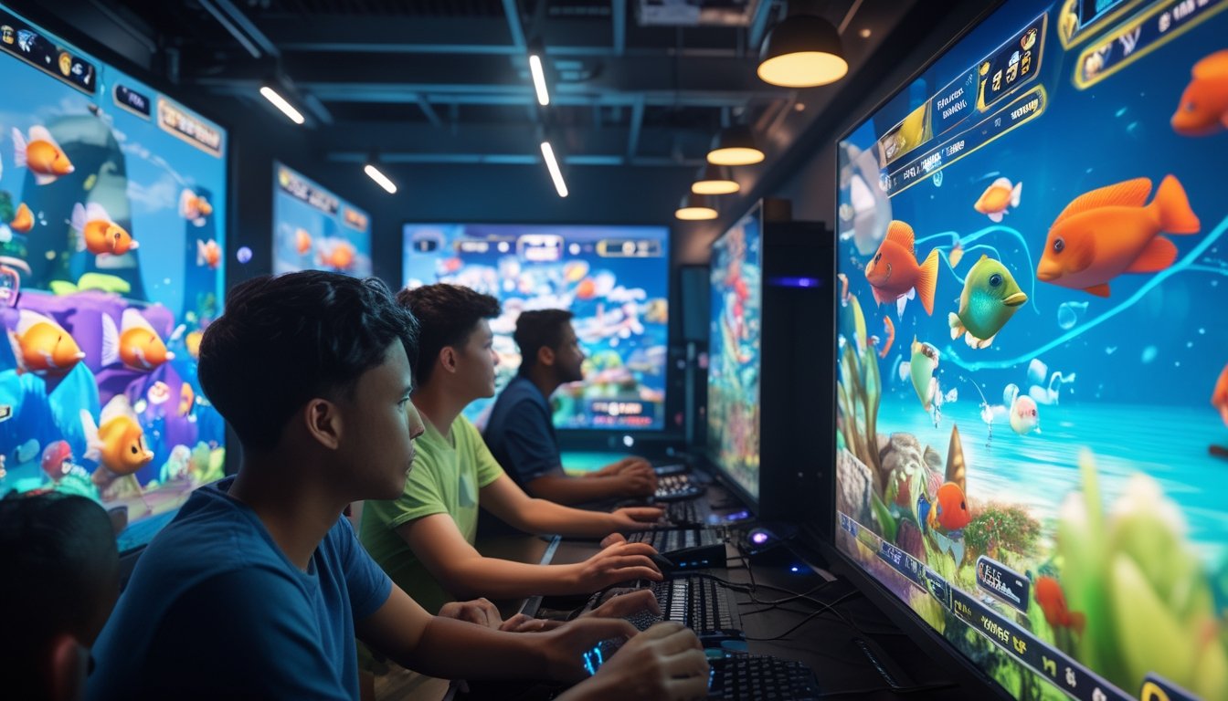 Beberapa pemain sedang bermain game tembak ikan bersama di layar digital dengan grafis ikan berwarna-warni dan antarmuka permainan.
