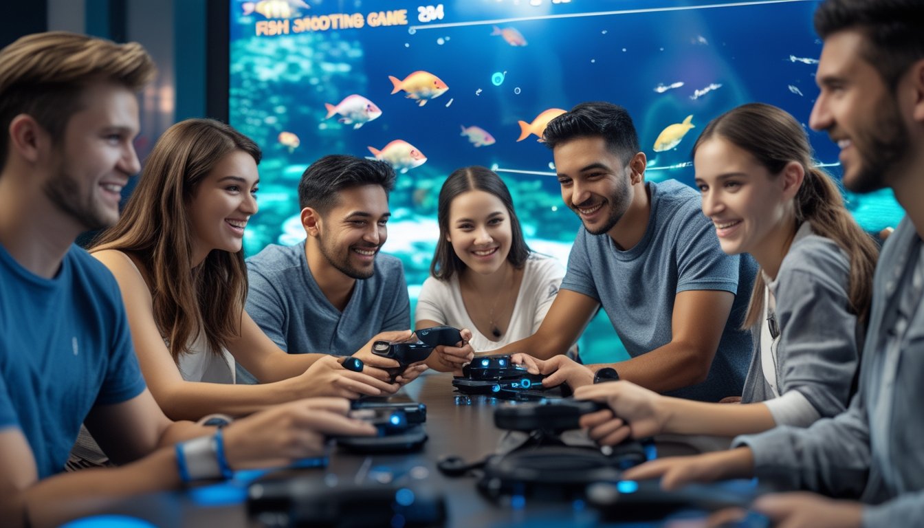 Sekelompok orang muda bermain game tembak ikan secara bersama-sama di depan layar besar dengan suasana santai dan ceria.