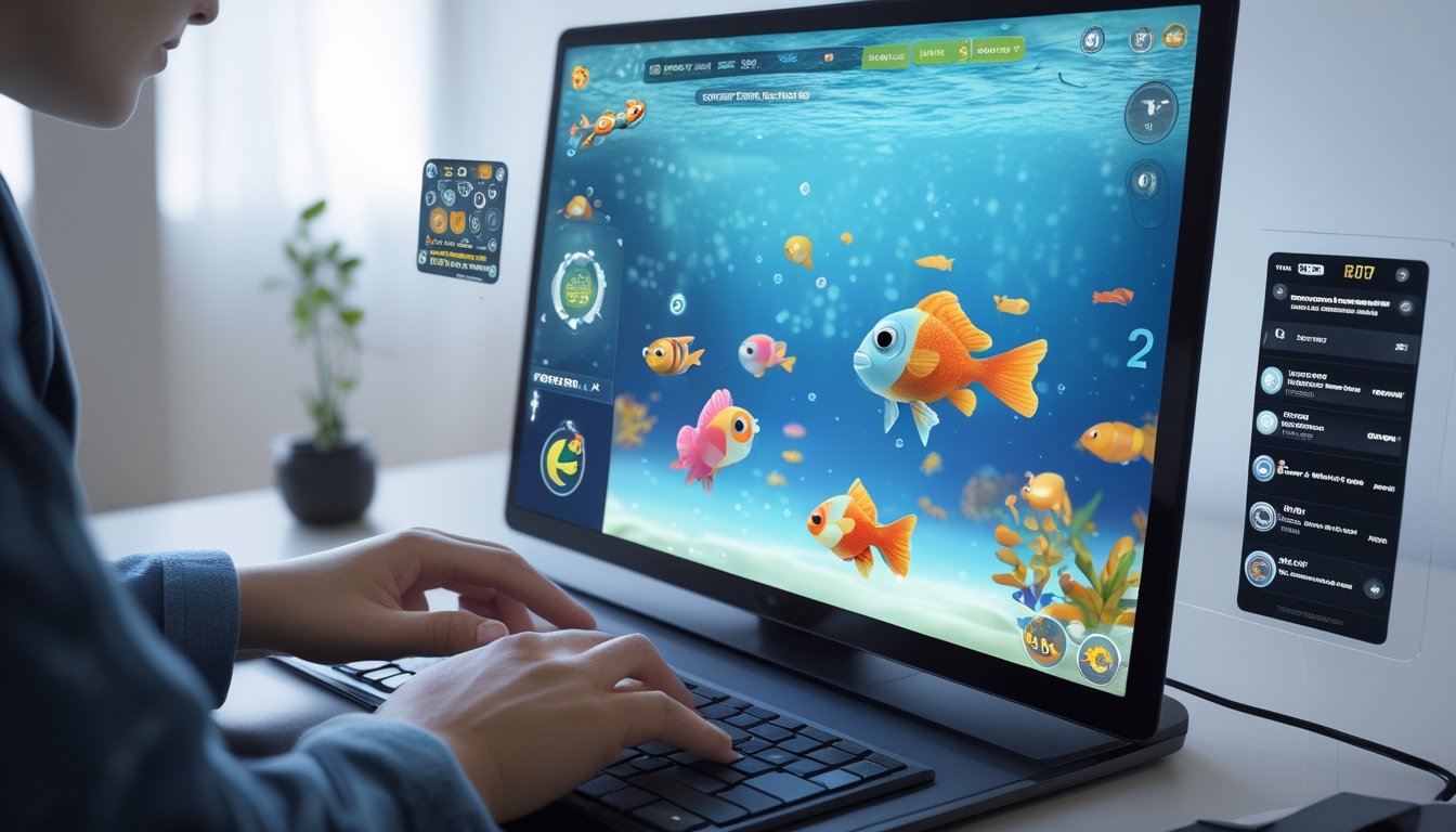 Tangan seseorang sedang bermain game tembak ikan pada layar komputer dengan grafis ikan berwarna-warni di latar bawah laut.