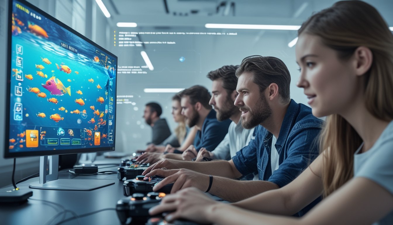 Beberapa orang sedang bermain game tembak ikan di depan layar komputer dengan tampilan bawah laut penuh ikan warna-warni dan elemen tembak-menembak.