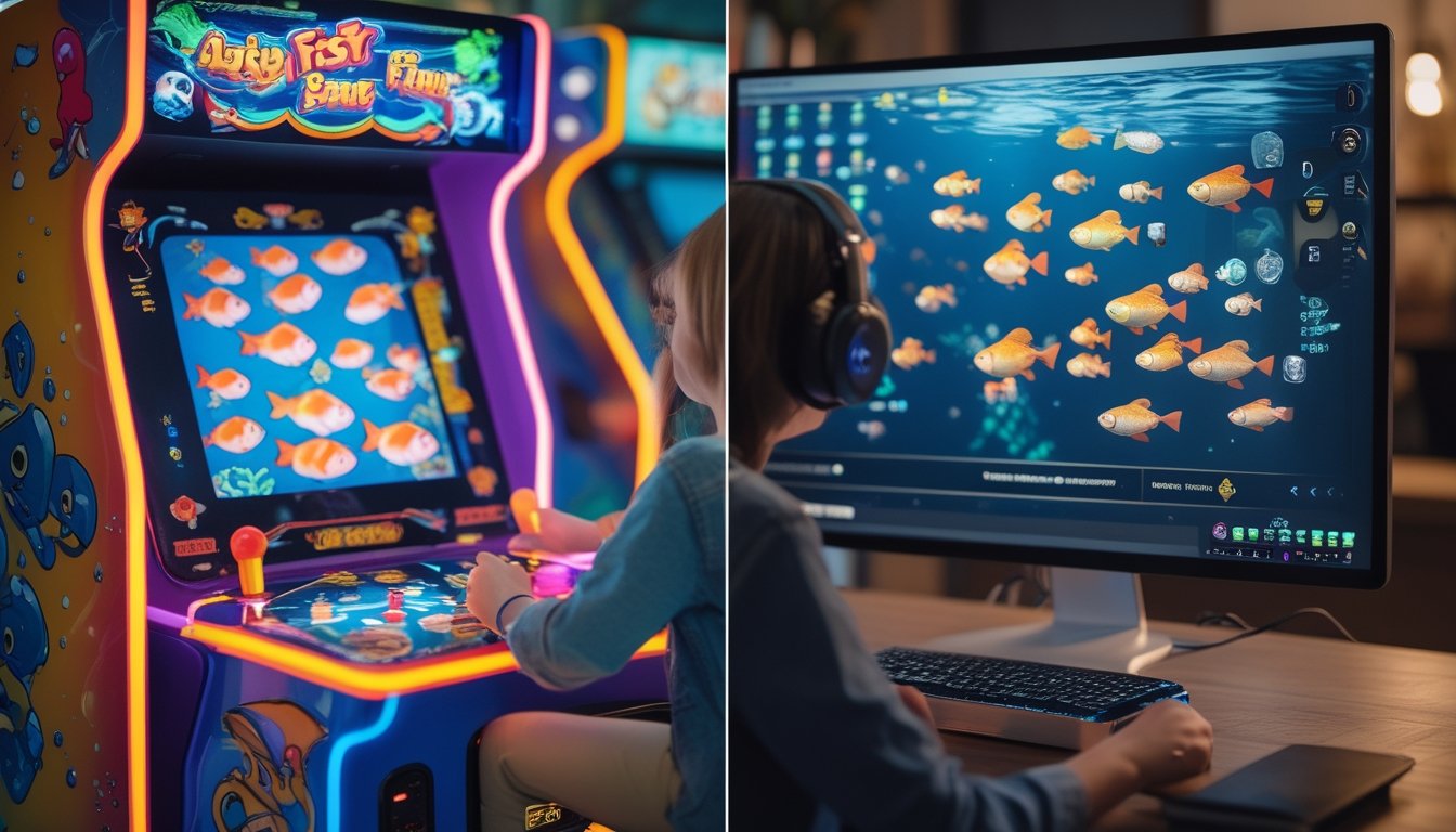 Gambar yang menunjukkan perbedaan antara permainan tembak ikan arcade di mesin fisik dengan permainan tembak ikan versi online multiplayer di komputer atau tablet.