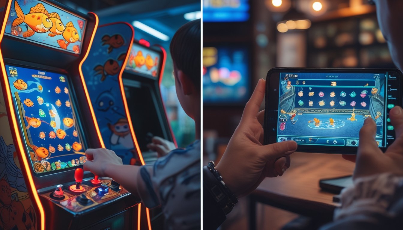 Dua orang bermain game tembak ikan, satu menggunakan mesin arcade di tempat permainan, satu lagi bermain di perangkat digital secara online.