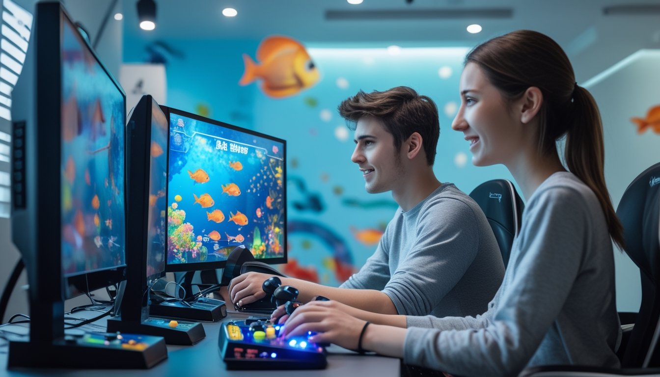 Dua orang muda bermain game tembak ikan bersama di depan monitor besar di sebuah ruangan modern.