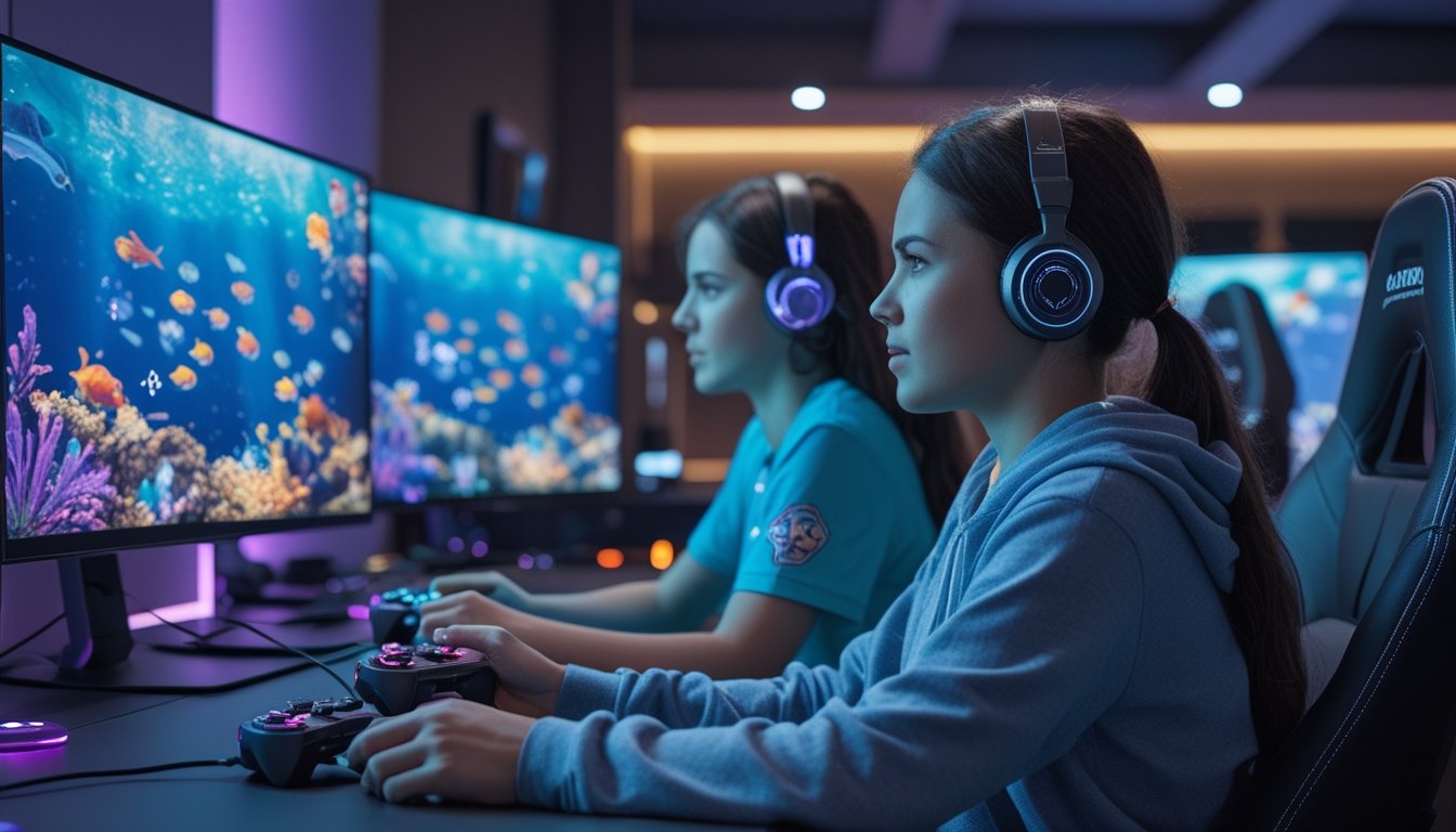 Dua pemain muda sedang bermain game tembak ikan di sebuah ruangan gaming dengan layar besar menampilkan ikan berwarna-warni di bawah laut.