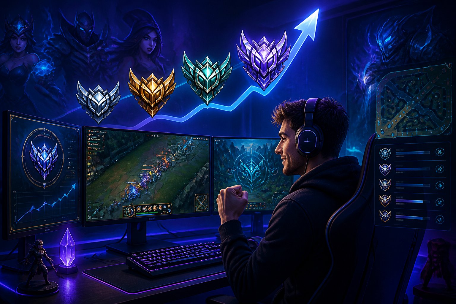 A focused gamer at a modern gaming setup with multiple screens showing League of Legends ranked gameplay and ranking symbols, surrounded by glowing arrows and tier icons indicating progress.