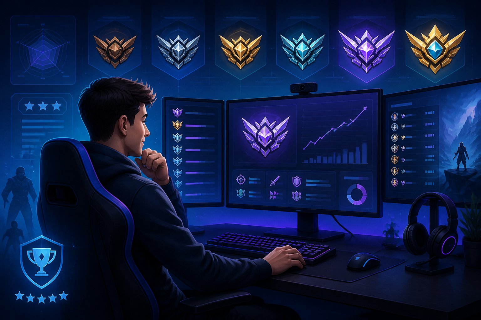 A gamer at a desk with multiple monitors showing ranked game statistics and badges, illustrating the concept of understanding ranked accounts.