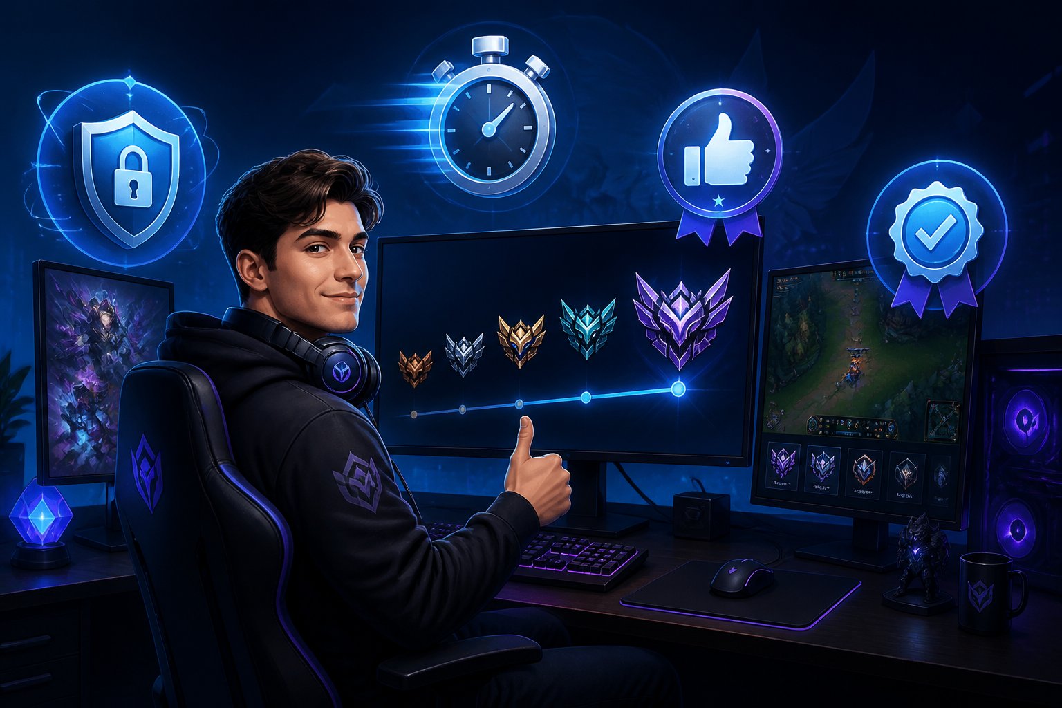 A gamer at a computer desk with multiple screens showing game progress and icons representing security, speed, reliability, and verified accounts.