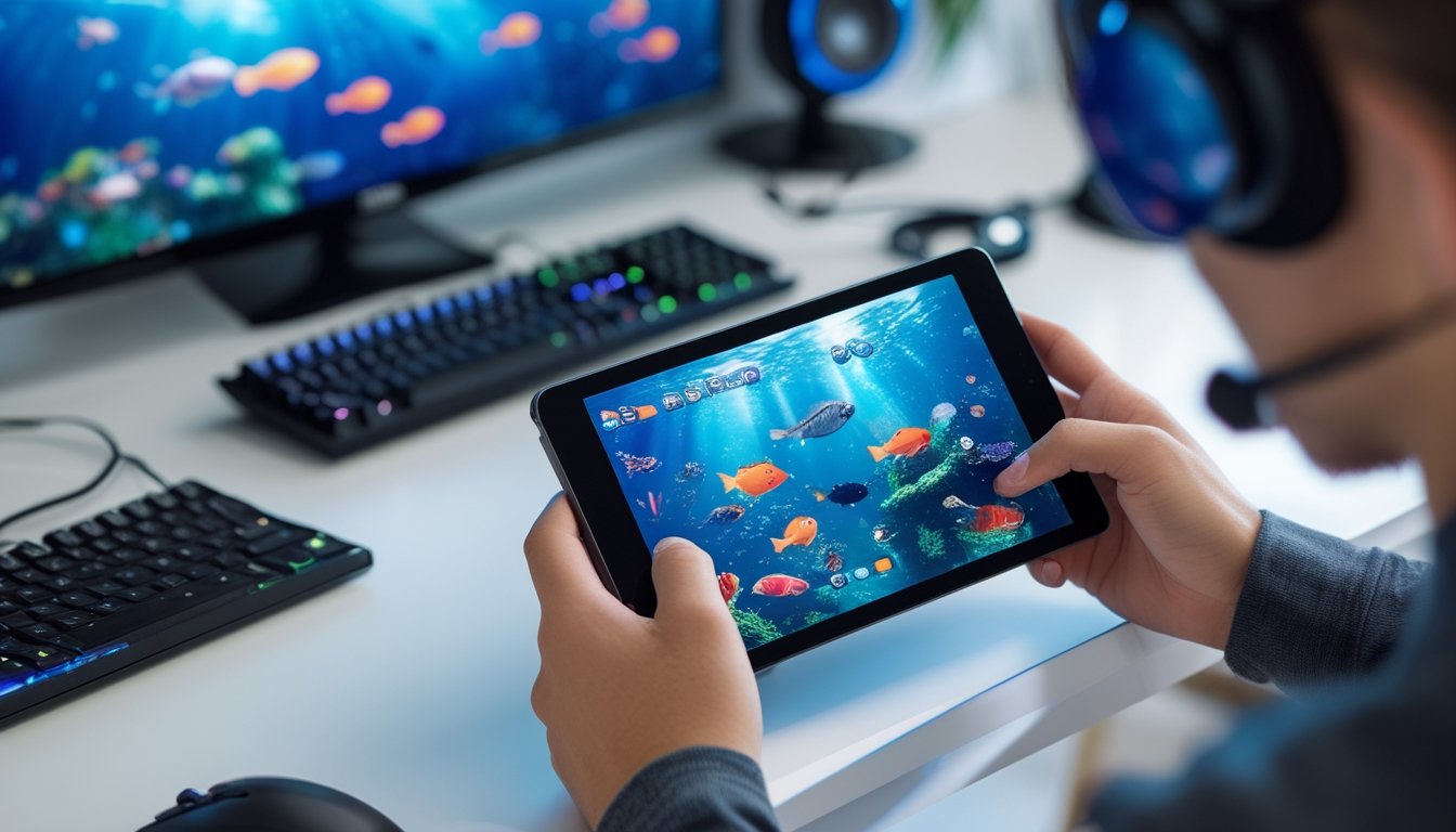 Seseorang bermain game tembak ikan di perangkat dengan tampilan ikan dan makhluk bawah laut yang berwarna-warni.