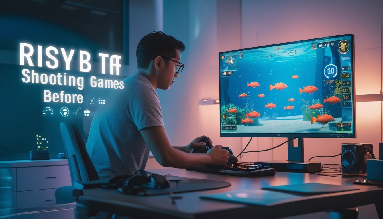 Seorang pemain dewasa sedang fokus bermain game tembak ikan di depan layar komputer dengan latar belakang ruangan yang rapi dan pencahayaan lembut.