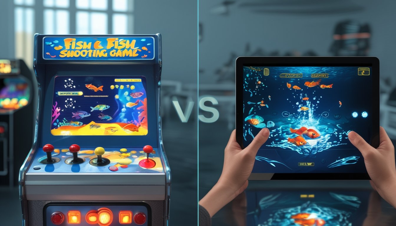 Perbandingan mesin arcade lama dan perangkat digital modern yang menampilkan permainan tembak ikan.