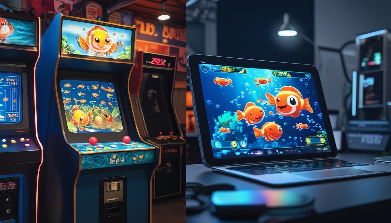 Gambar yang menunjukkan evolusi game tembak ikan dari mesin arcade klasik ke platform digital modern dengan perangkat tablet atau smartphone.