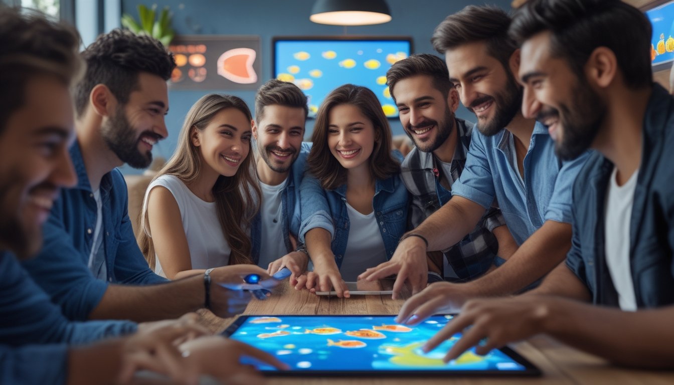Beberapa orang bermain game tembak ikan di perangkat digital dengan latar ruangan yang nyaman dan penuh warna.