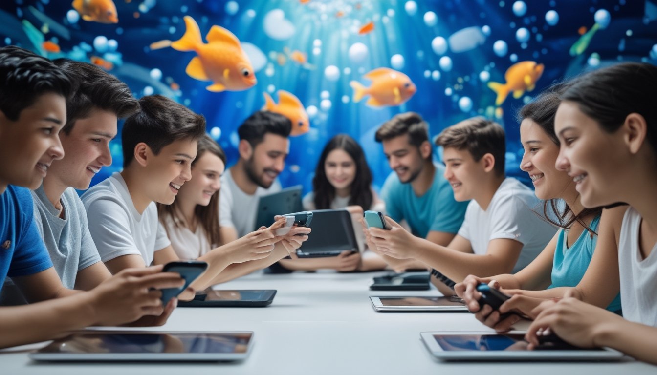 Sekelompok orang bermain game tembak ikan secara online dengan perangkat digital, terlihat fokus dan menikmati pengalaman bermain.
