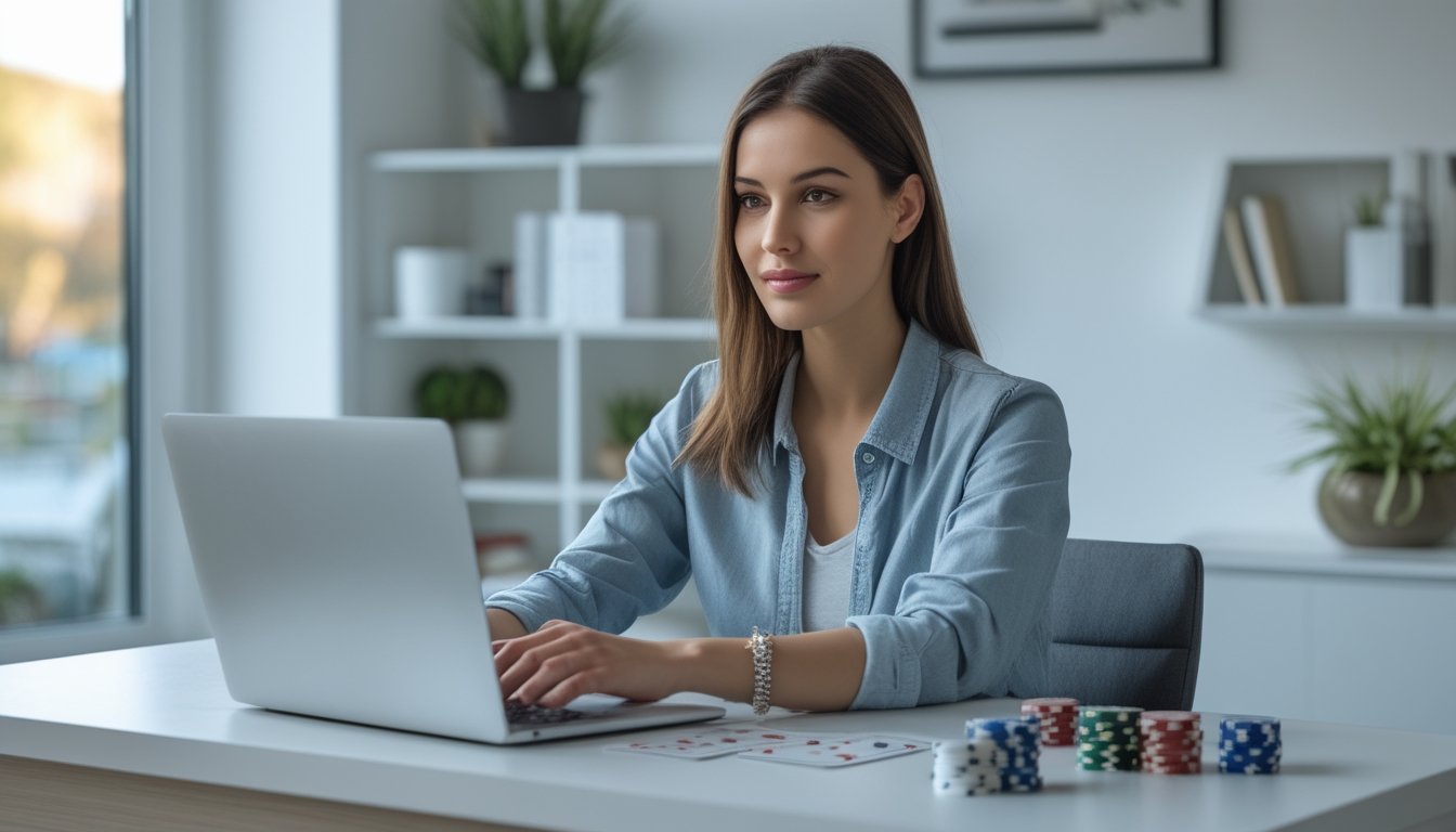Seorang wanita muda duduk di meja dengan laptop terbuka, melihat situs kasino online dengan chip poker dan kartu remi di meja.