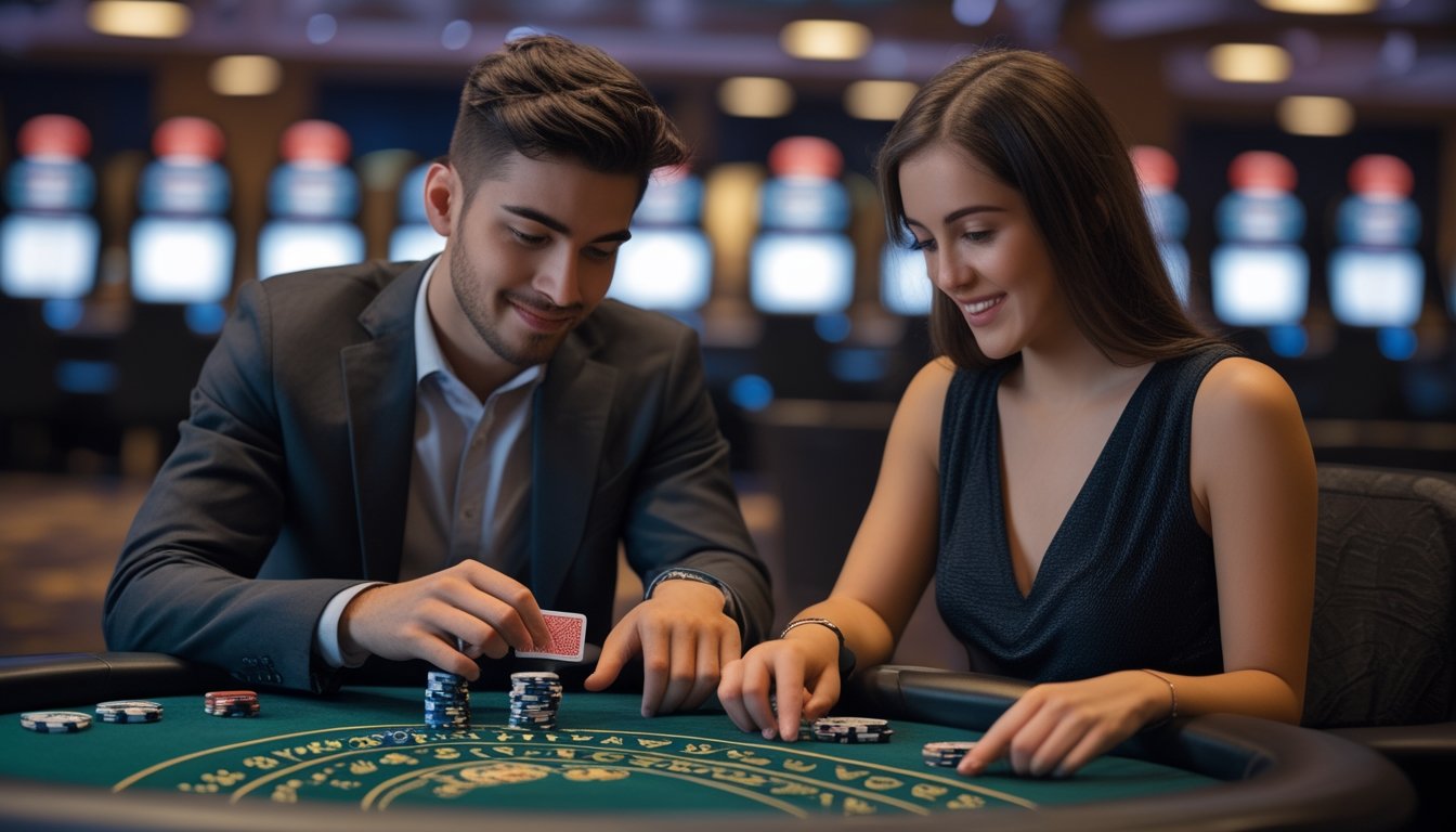 Dua pemain muda sedang bermain Casino Hold’em di meja kasino dengan dealer di latar belakang.
