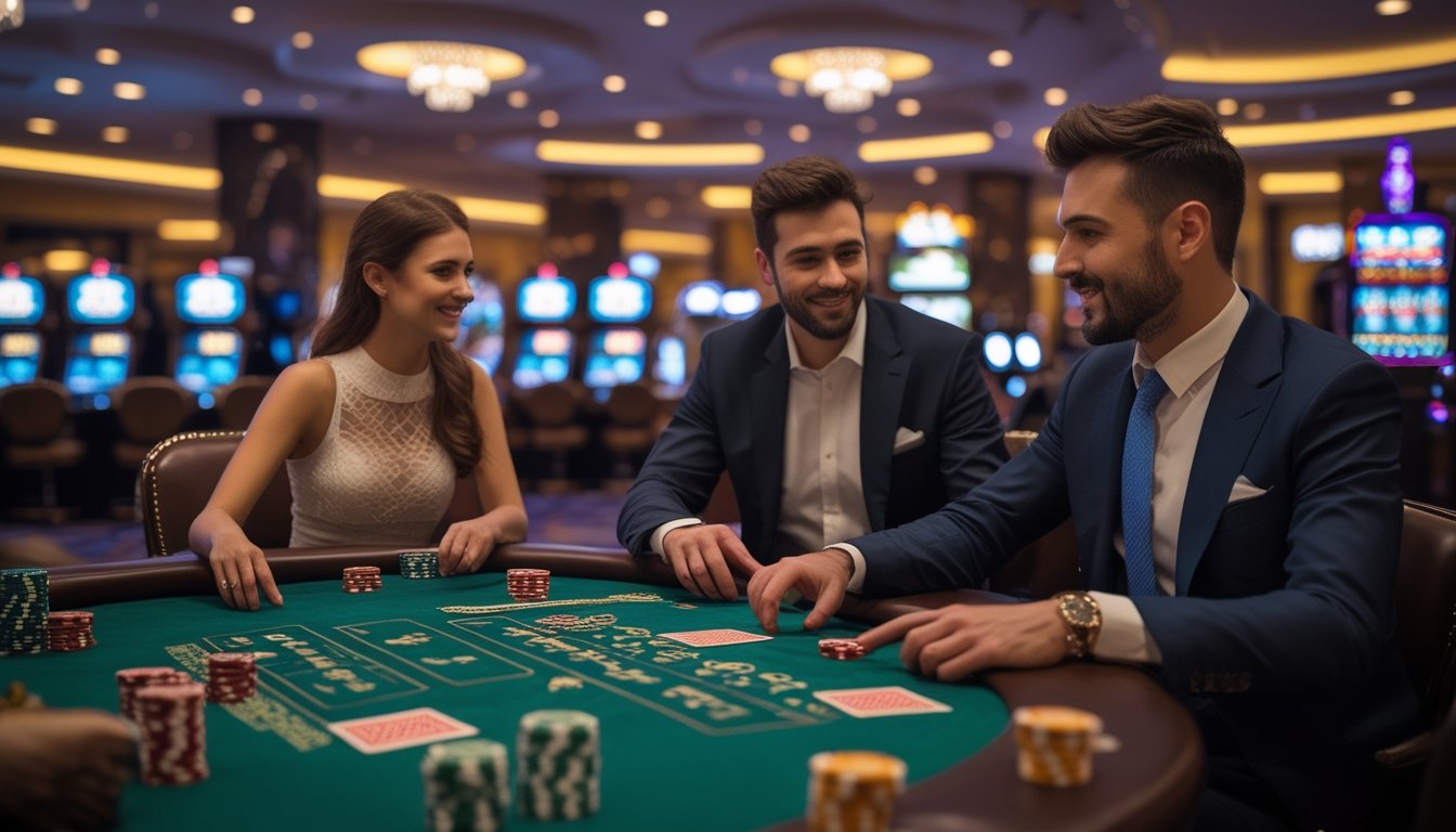 Seorang pria dan wanita sedang bermain Casino Hold’em di meja kasino dengan chip dan kartu, di dalam ruangan kasino yang mewah.