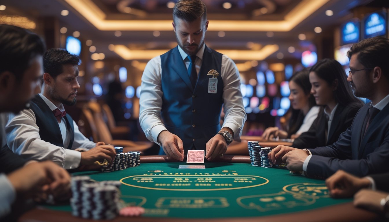 Meja Casino Hold’em dengan dealer dan pemain yang sedang bermain di dalam kasino yang mewah.