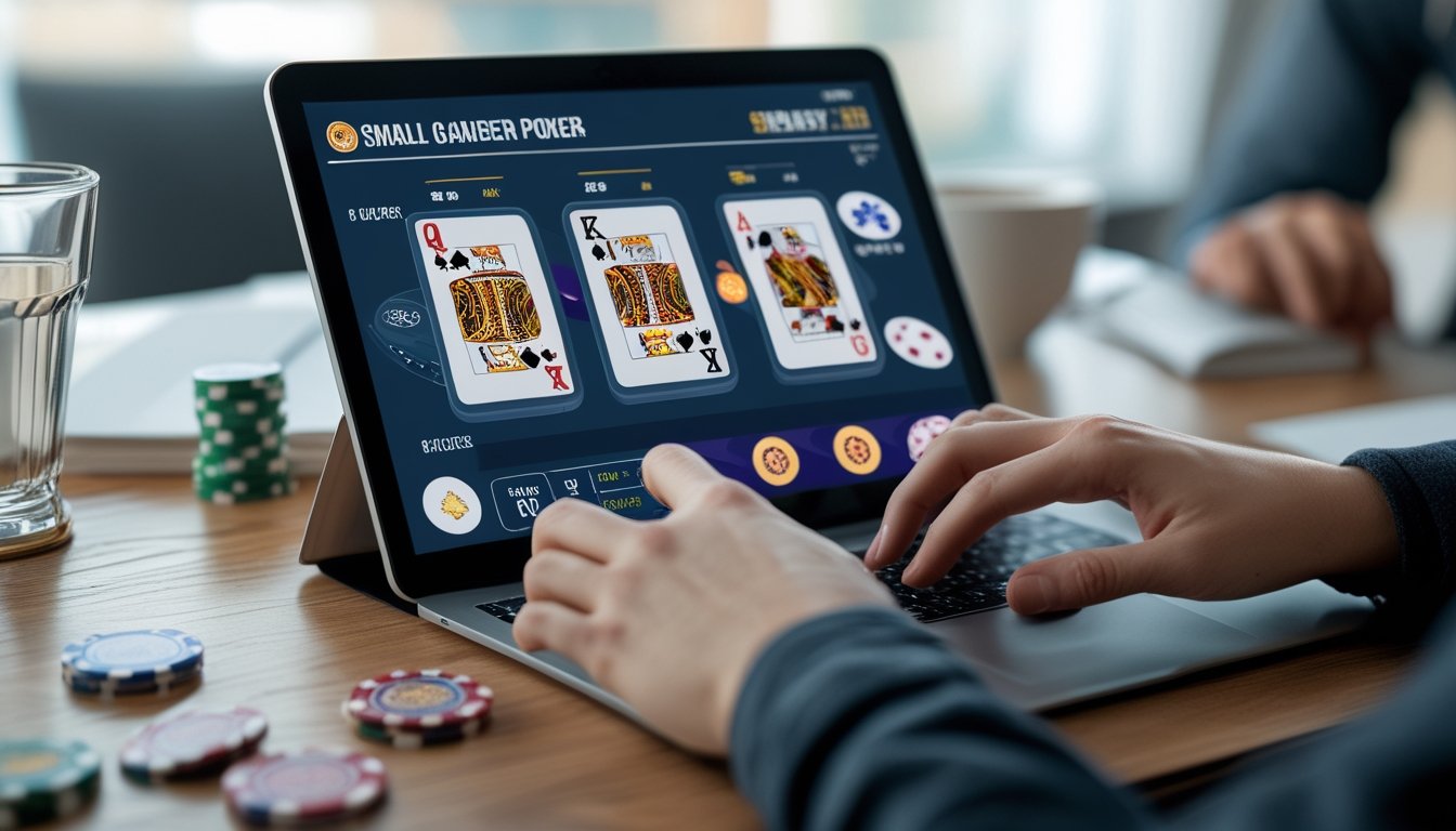 Seseorang menggunakan laptop untuk bermain Three Card Poker di agen casino online dengan suasana fokus dan alat bermain seperti kartu dan chip di meja.