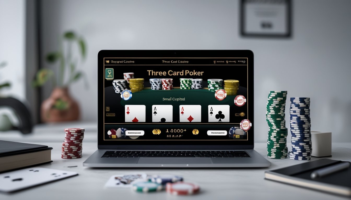 Seorang pemain sedang menggunakan komputer untuk bermain Three Card Poker online dengan tumpukan chip kecil dan alat tulis di meja.