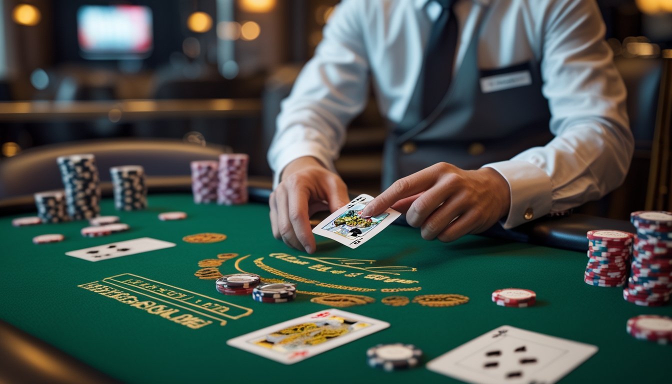 Seorang dealer kasino profesional sedang membagikan kartu di meja hijau dengan chip dan kartu poker, suasana kasino yang aman dan terpercaya.