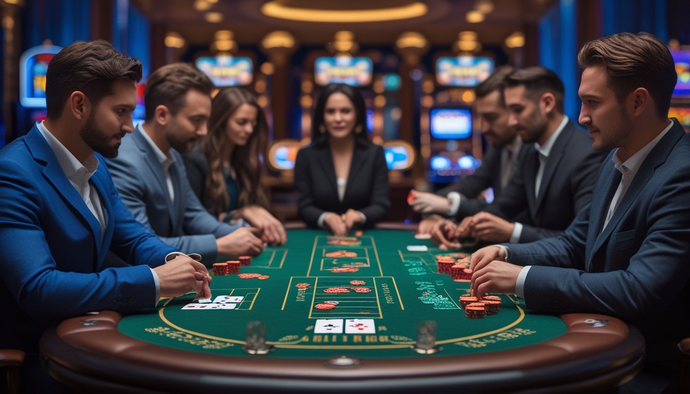 Beberapa orang bermain Casino Hold’em dan Three Card Poker di meja kasino yang elegan dengan suasana yang aman dan profesional.