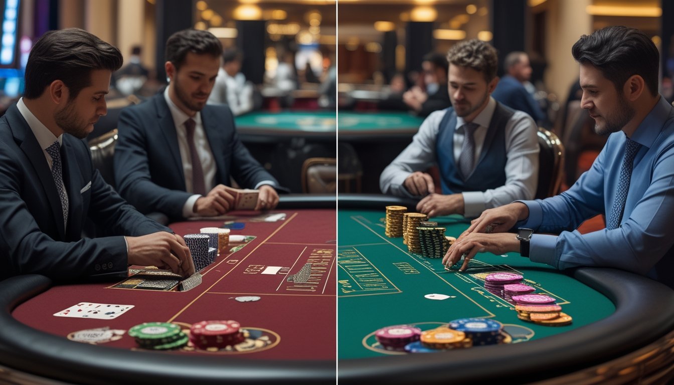 Meja kasino dengan dua permainan poker berbeda, Casino Hold’em dan Three Card Poker, dengan pemain dan dealer yang sedang bermain.